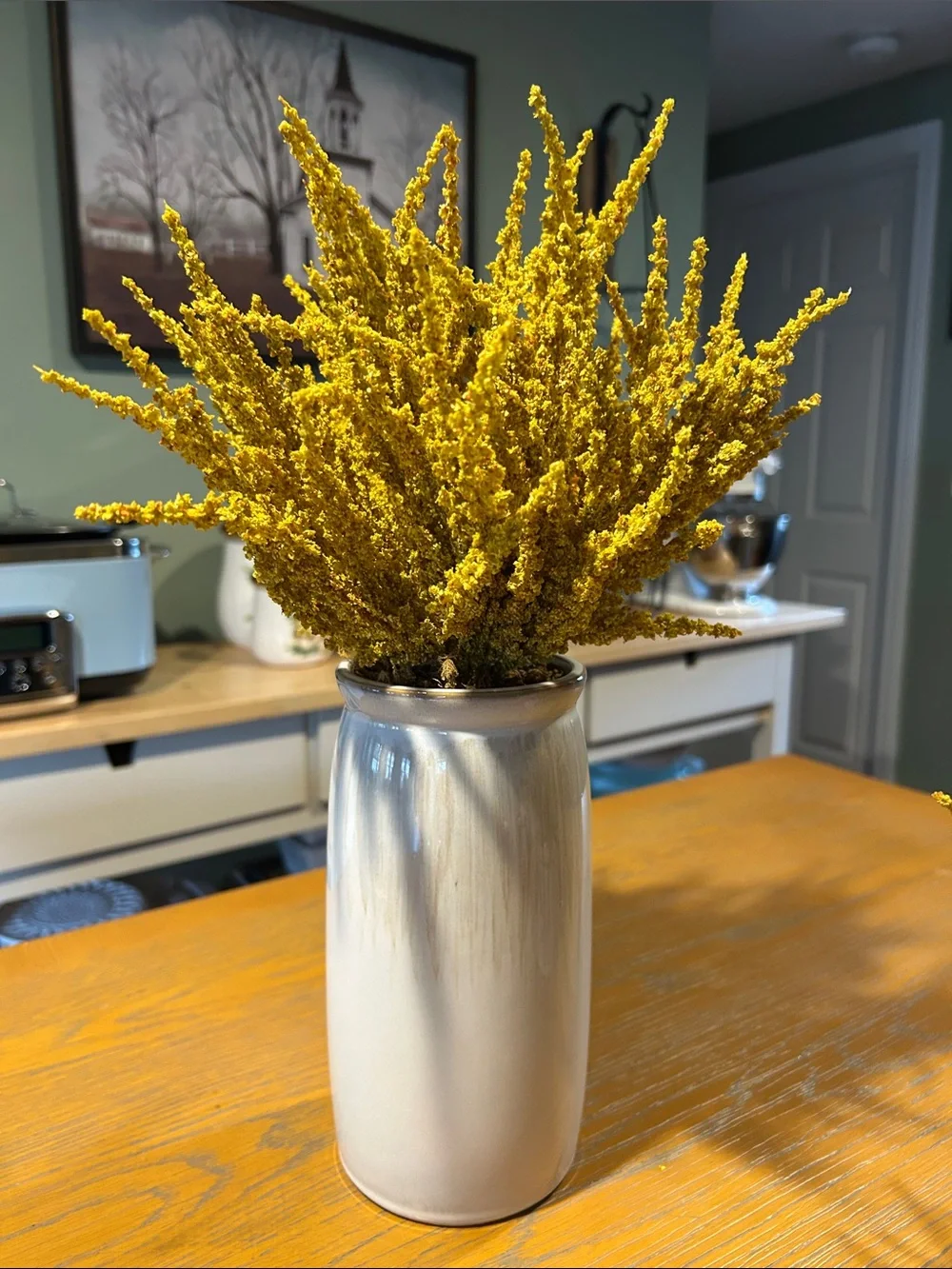 Threshold Bundle of Yellow Heather Arrangement in White Ceramic Vase